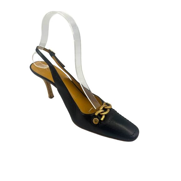 St. John Collection Italian black slingback high heels w/gold chain accents Sz 7 - Picture 2 of 16